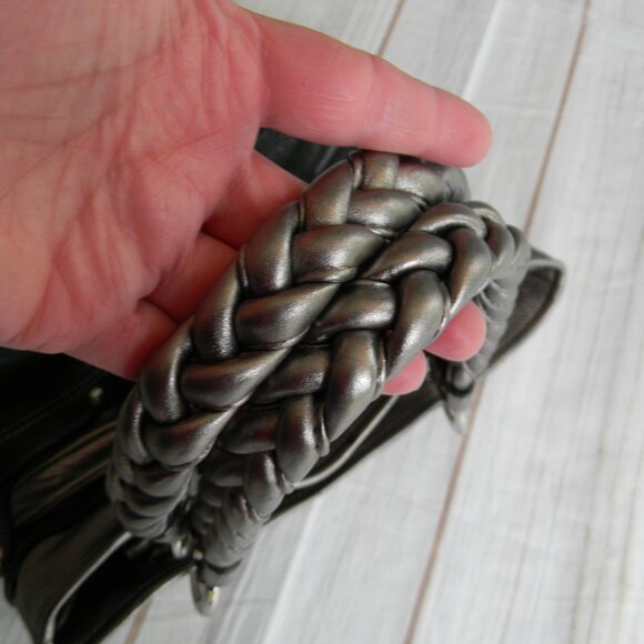 B Makowsky Black/SILVER PEBBLE LEATHER BUCKLE DETAIL METALLIC MEDIUM TOTE - Picture 7 of 10